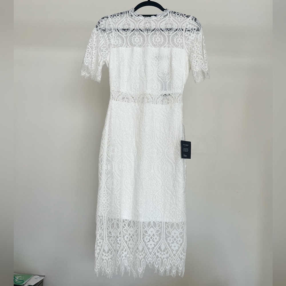 Lulu’s XS white lace midi dress with sheer panels & short sleeves